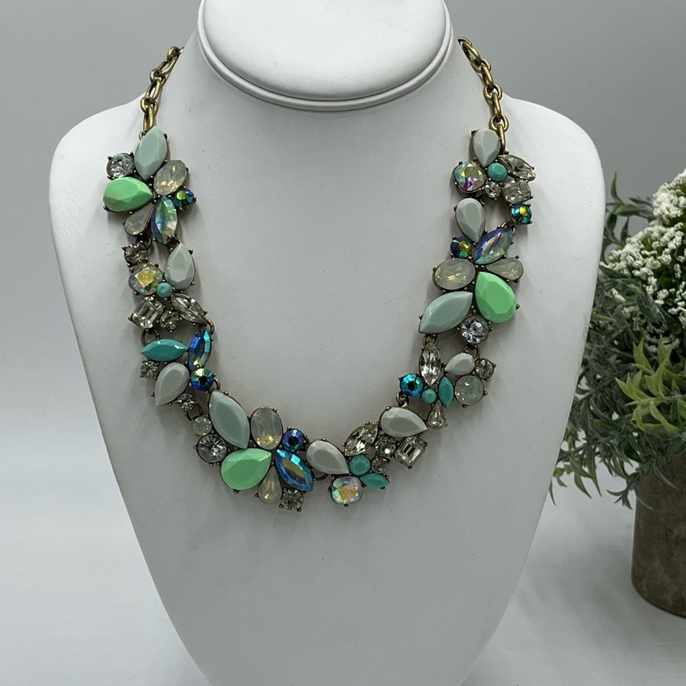 J Crew Ocean Blue Green Clear‎ AB Aurora Borealis ombré Statement Bib Necklace